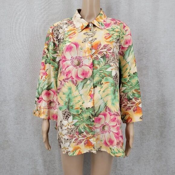 Clothes Tops - Clothes Silk Tropical Floral Leopard Print Women's Top Button Down Blouse